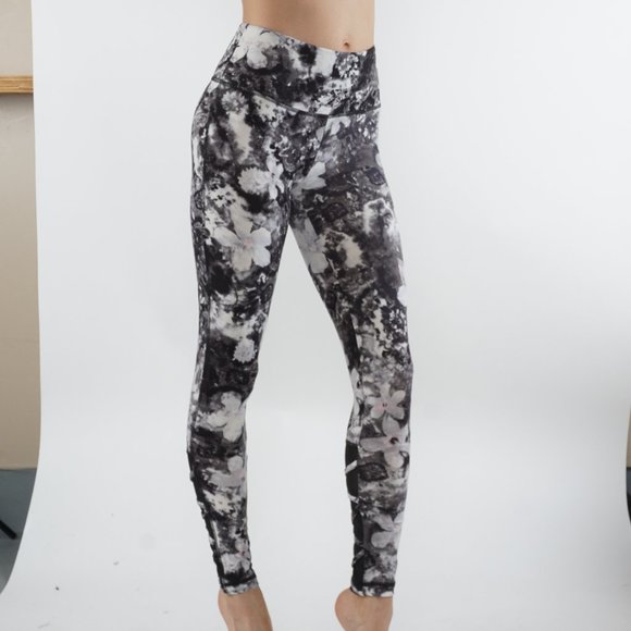 BLACK/GREY/PINK FLORAL MID-RISE LEGGING W/ STRAPPY MESH PANELS #7L18-02 - Picture 6 of 13